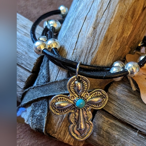 New Handcrafted Black Corded Bracelet With Silver Color Beads and Cross Charm - Picture 7 of 8